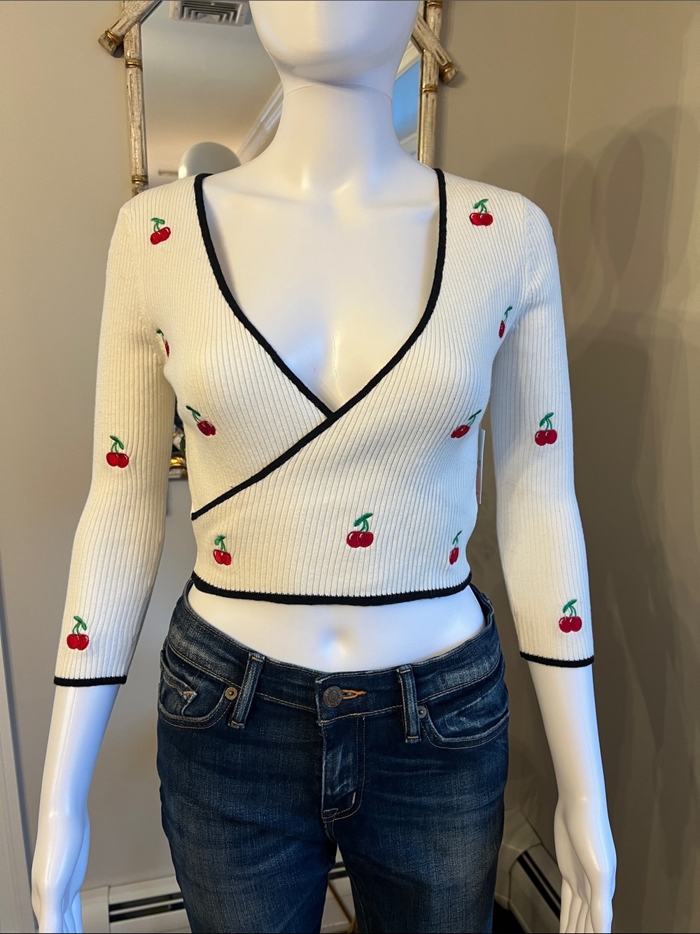 Forever 21 White Wrap Crop Top with Cherry Embroidery